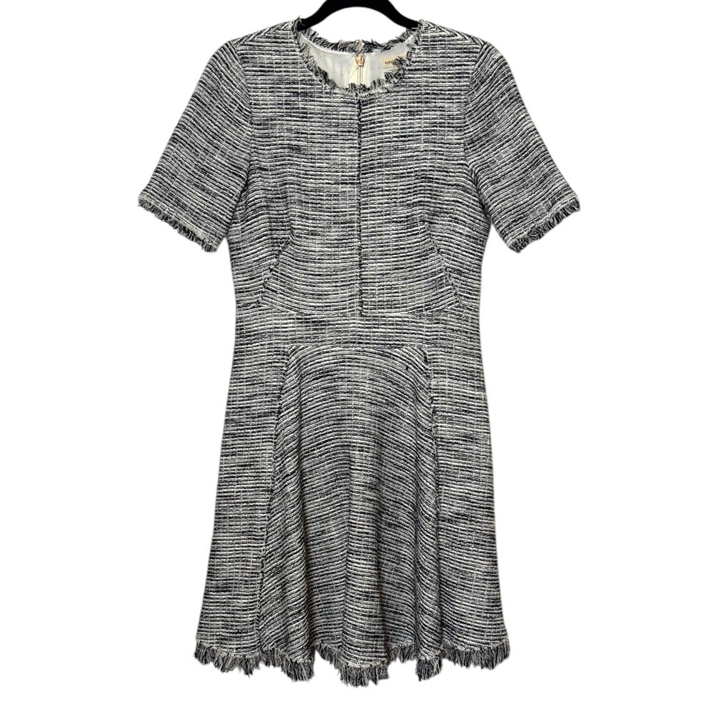 Rebecca Taylor Dress Size 10 Black White Tweed Boucle Fringe Trim